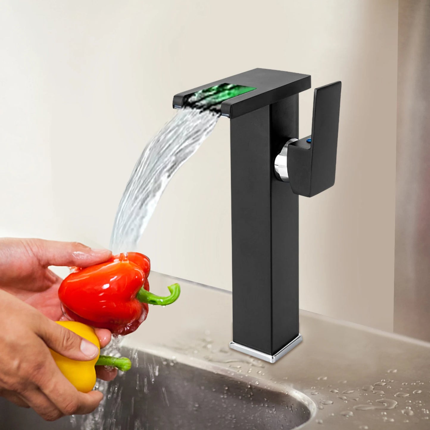 Black Bathroom Vessel Faucet Led Light 3 Color Changing Waterfall Single Handle Bowl Sink Faucet with Hose