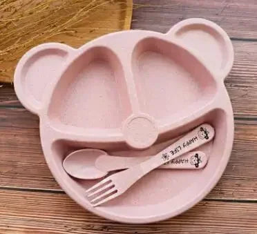 3 Piece Set Wheat Straw Tableware Cartoon Bear Kids Dinnerware Set Baby Plates Forks and Spoons