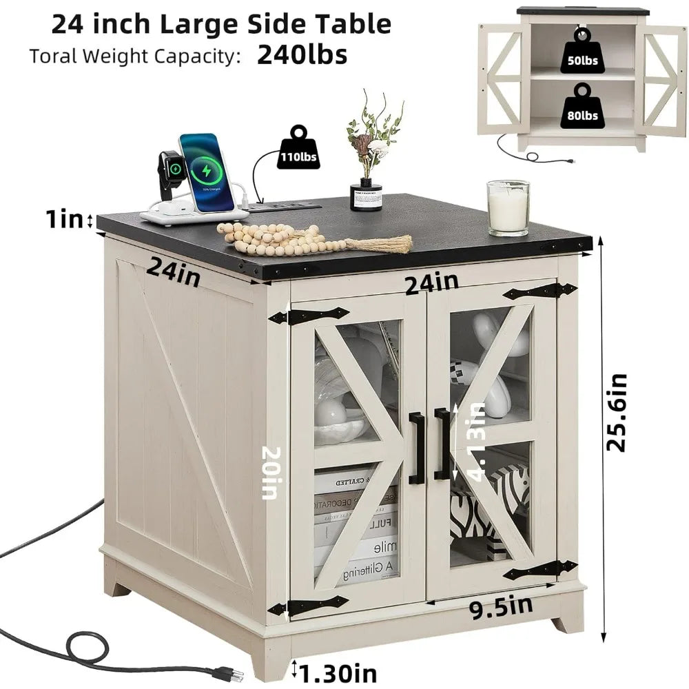 Farmhouse Coffee Table Set 3 Pieces Large End Side Tables with Charging Station and Hidden Storage Compartments
