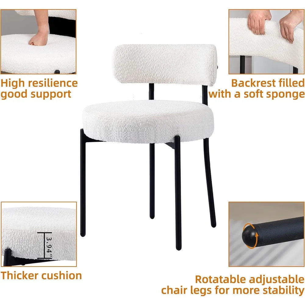 Dining Chairs Set of 6 White Boucle Upholstered Chairs with Curved Backrest and Black Metal Legs