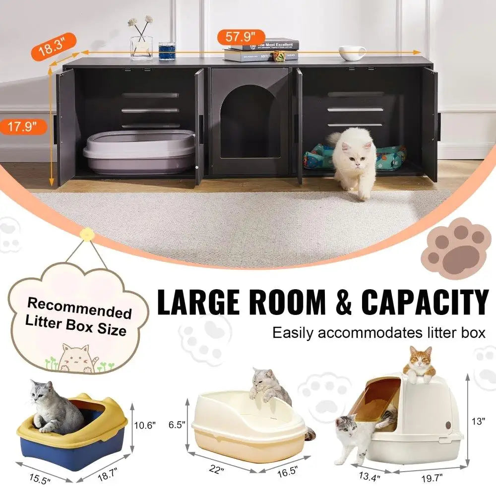 Cat Litter Box Furniture Solid Wood Extra Large 57.9 Inch Black Color