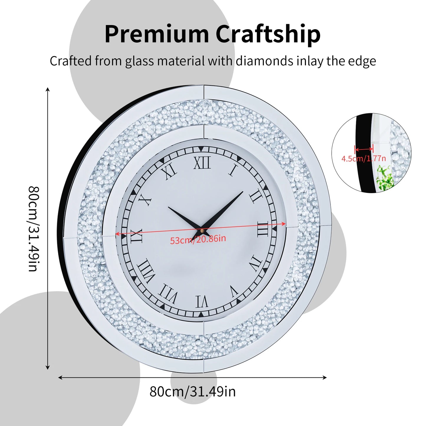 Bling Silver Round Mirror Clock Glam Sparkle Wall Decor