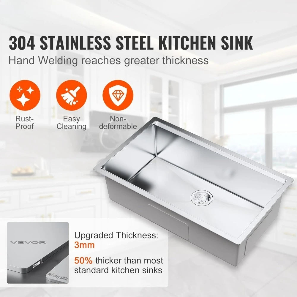 304 Stainless Steel Drop In Kitchen Sink Undermount Single Bowl Basin with Ledge Prep Kitchen and Bar Sink