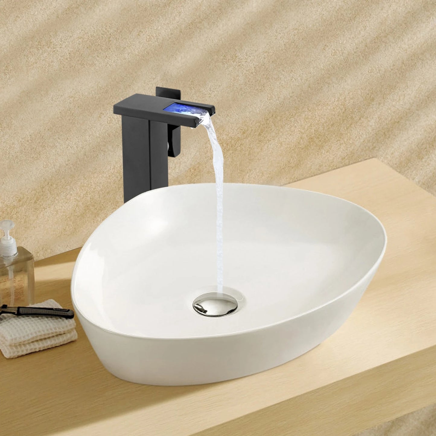 Black Bathroom Vessel Faucet Led Light 3 Color Changing Waterfall Single Handle Bowl Sink Faucet with Hose