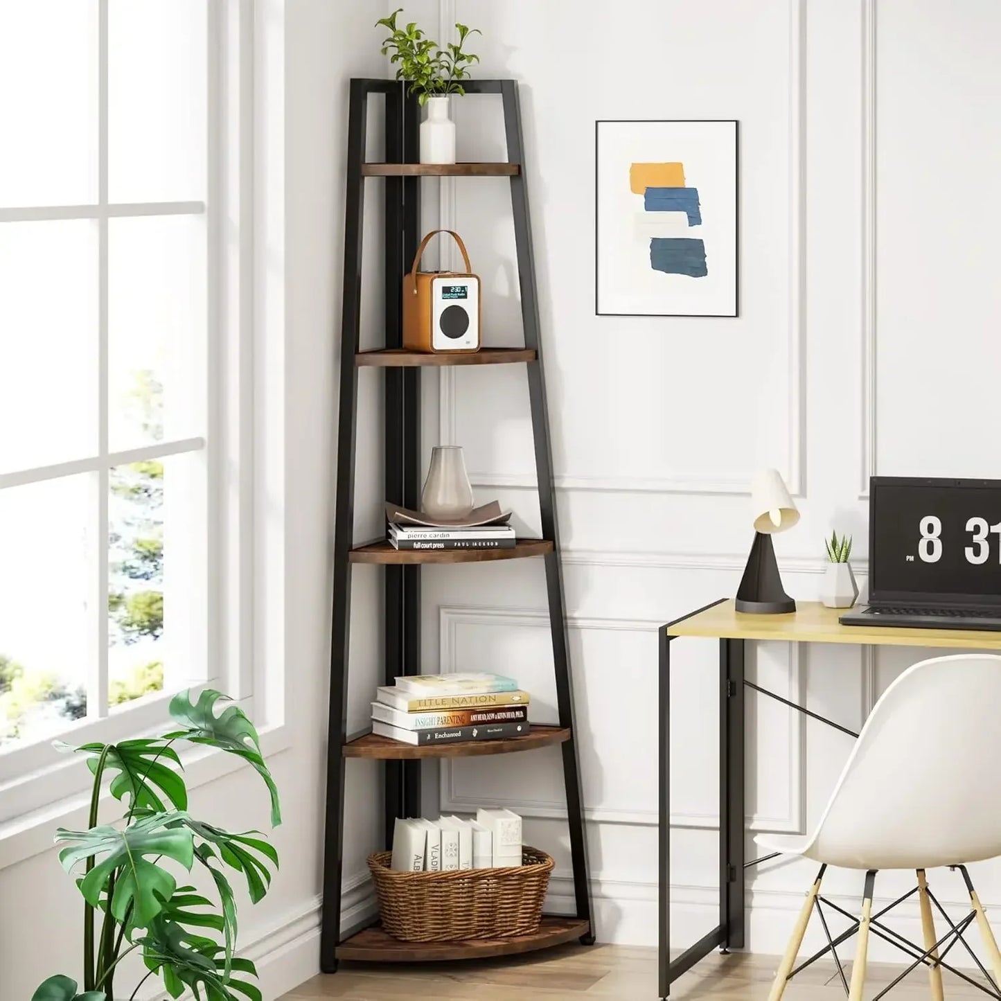 5 Tier Corner Bookshelf and Bookcase, 70 inch Tall Corner Shelves Standing Shelving Unit Indoor Plant Stand for Living Room