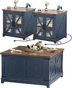 Farmhouse Coffee Table Set 3 Pieces Large End Side Tables with Charging Station and Hidden Storage Compartments