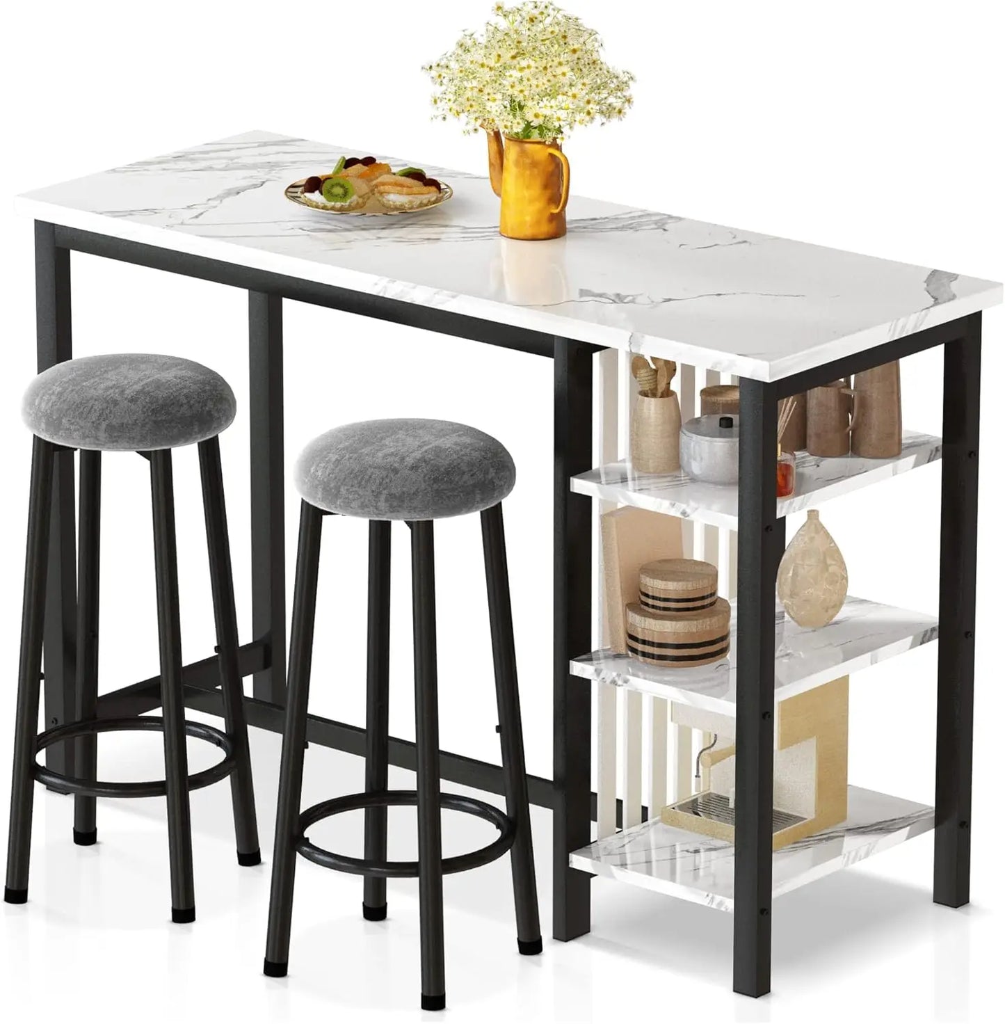Bar Table Set with Storage Shelves, 47" Modern White Faux Marble Breakfast Table with 2 Velvet Stools, 3-Piece Dining Set for 2