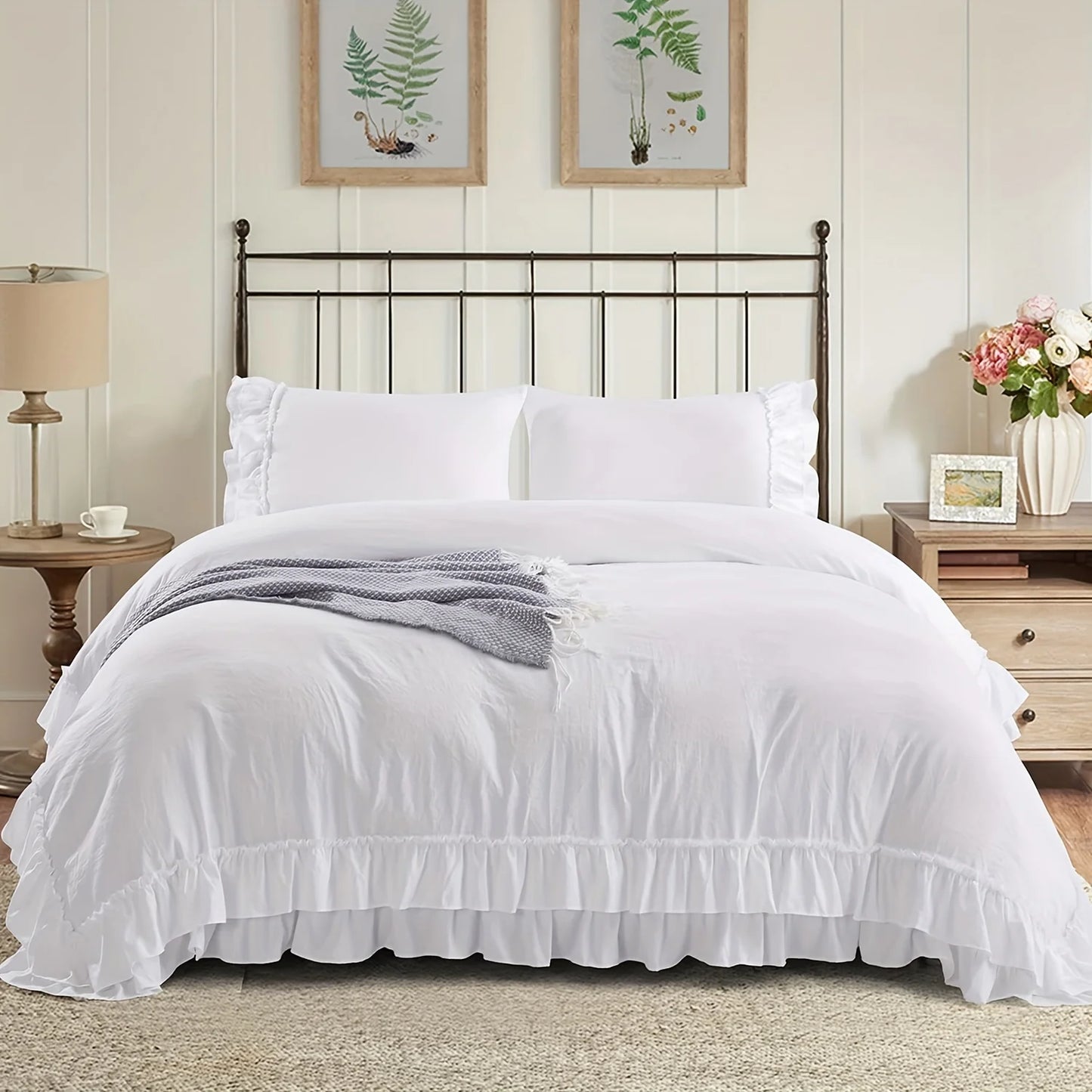 3 Piece Ruffled Duvet Cover Set Queen Farmhouse Ruffle Comforter Set Cozy Microfiber Bedding Set with 1 Ruffle Comforter and 2 Pillowcases