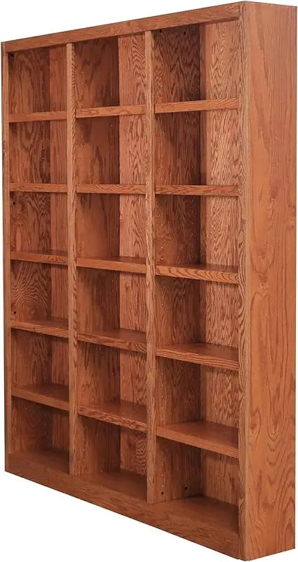Traditional 84 Inch Tall 18 Shelf Triple Wide Wood Bookcase in Dry Oak