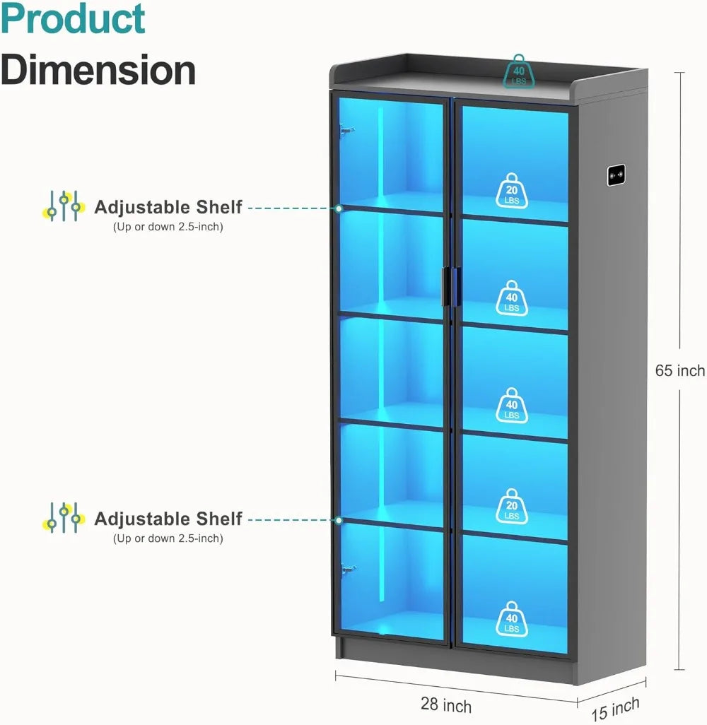 65 Inch Display Cabinet with Lights and Adjustable Shelves