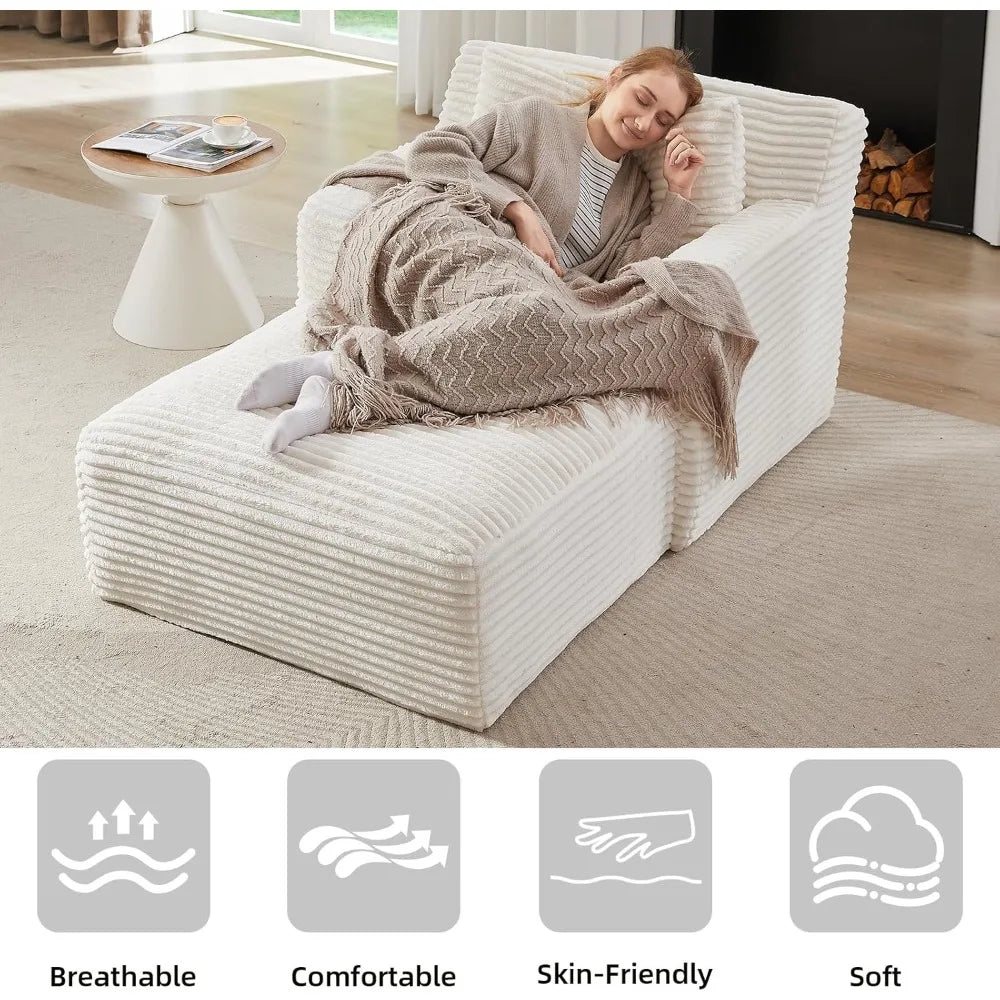 Chaise Lounge Chair Indoor, Upholstered Corduroy Single Lounge Sofa Couch, Comfy Reading Recliner Sleeper Sofa Chair Bed with A