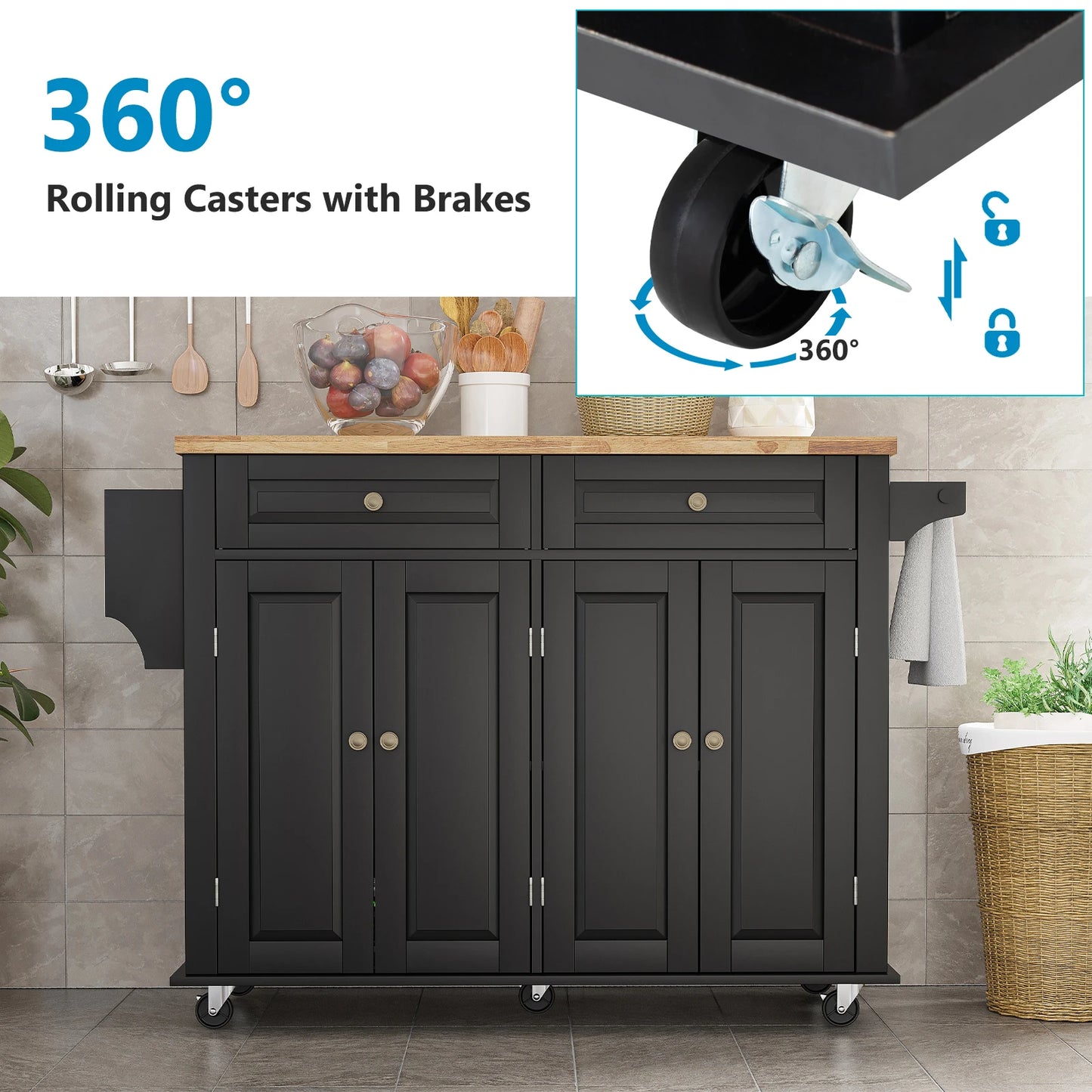 Rolling Kitchen Cart with Drop Leaf and Storage Cabinet