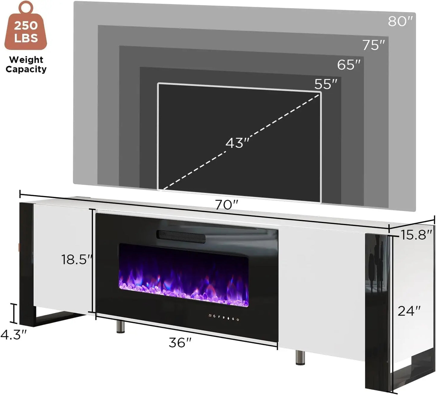 4 Piece Living Room Table Set Includes 70 Inch Fireplace TV Stand Modern Coffee Table LED Light Nightstands Set of 2 High Glossy Table Sets for Living Room Bedroom Office White and Black