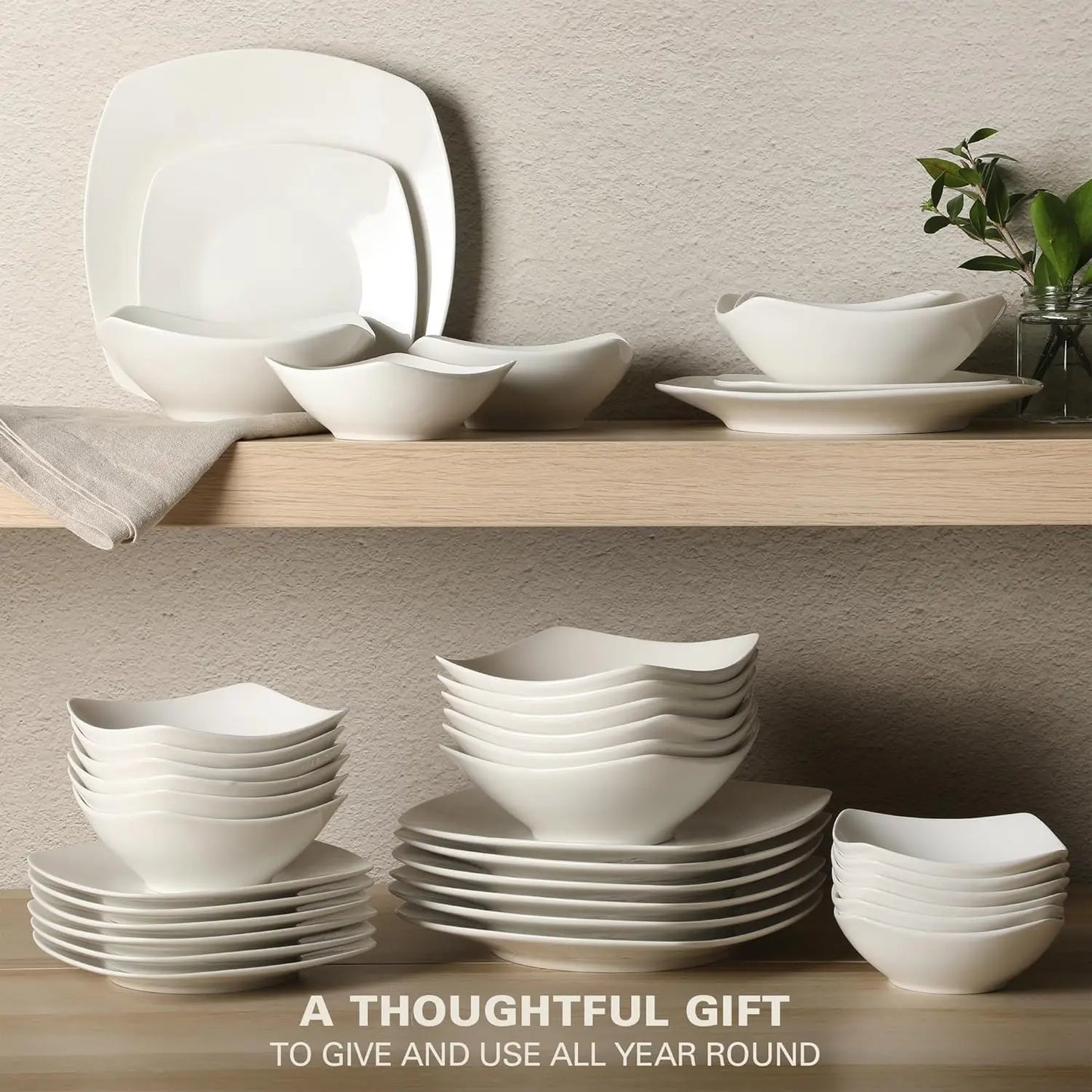 Brentwood 40-Piece Dinnerware Set - Square White Porcelain Plates and Bowls, Service for 8, Dishwasher & Microwave Safe, Modern