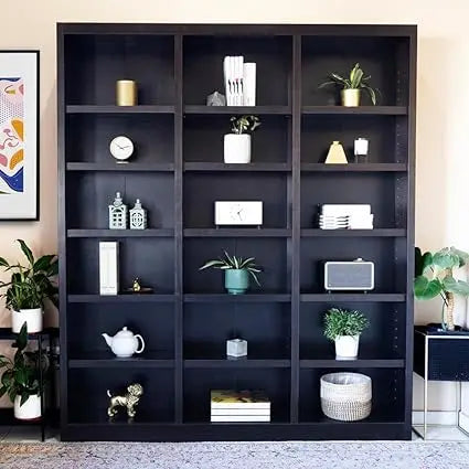 Traditional 84 Inch Tall 18 Shelf Triple Wide Wood Bookcase in Dry Oak