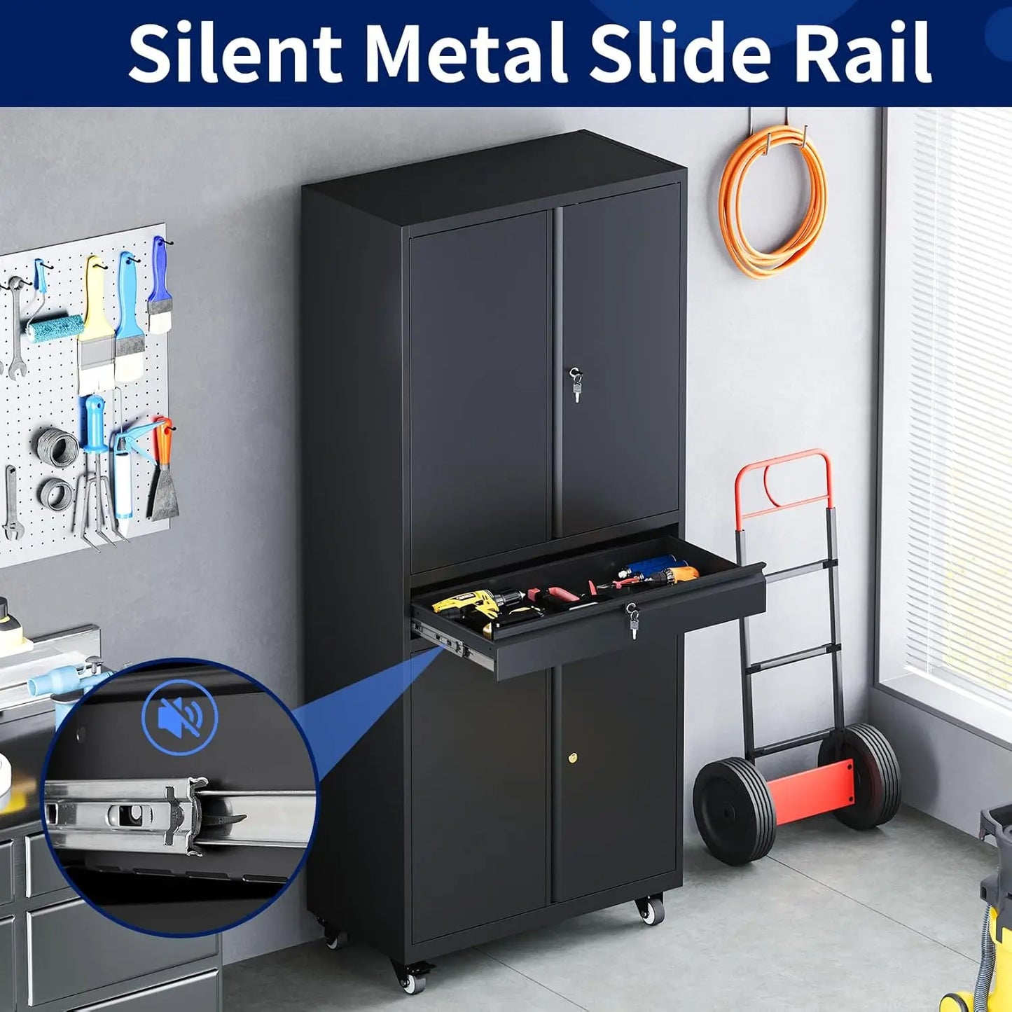 Metal Garage Storage Cabinet with Locking Doors and Adjustable Shelves, Rolling Tool Storage Cabinet with 4 Wheels