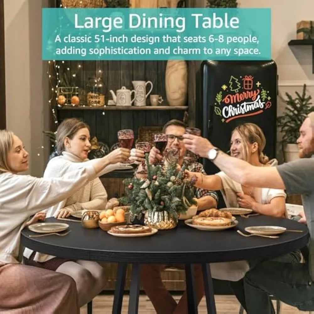 Black Round Dining Table for 6 - Modern Circle 51 Inch Large Room Kitchen Dinning Tables for 4 to 6 Person Seats Small Spaces Wo