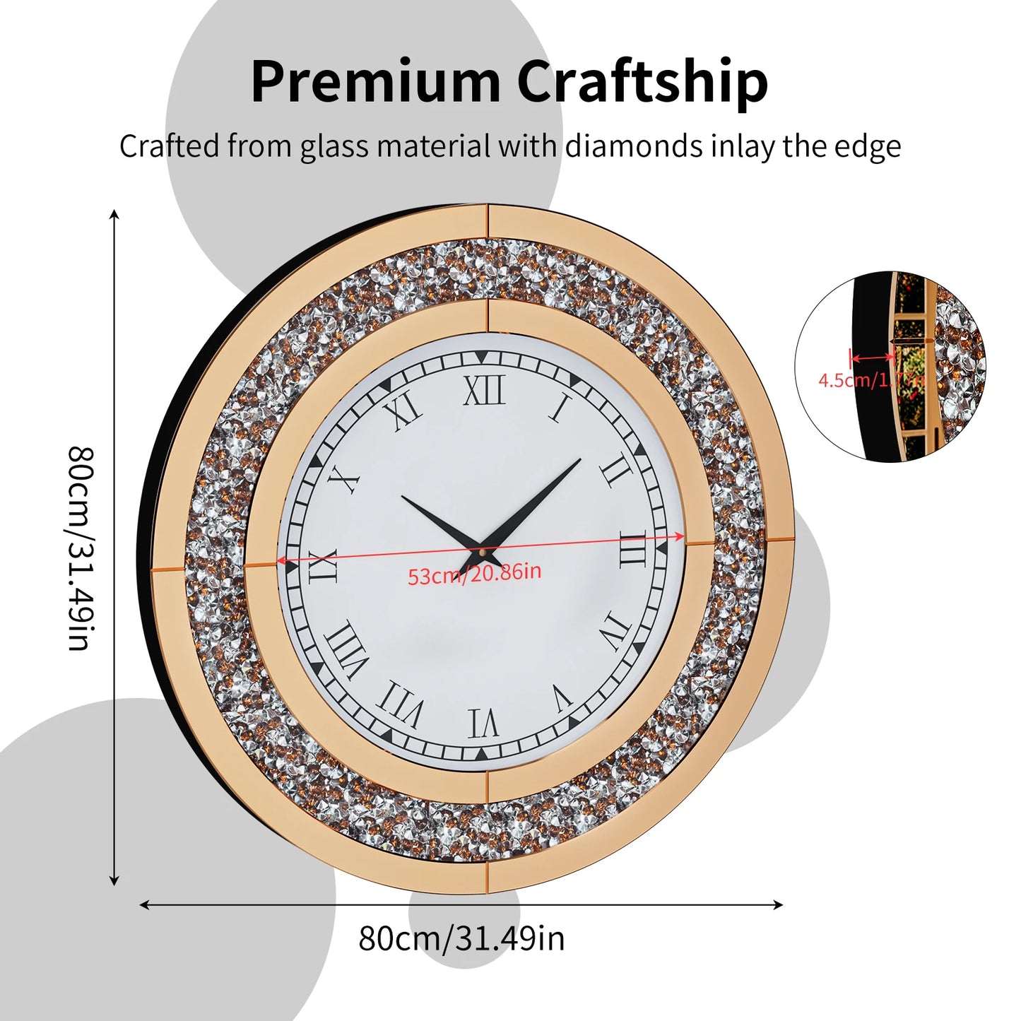 Bling Silver Round Mirror Clock Glam Sparkle Wall Decor