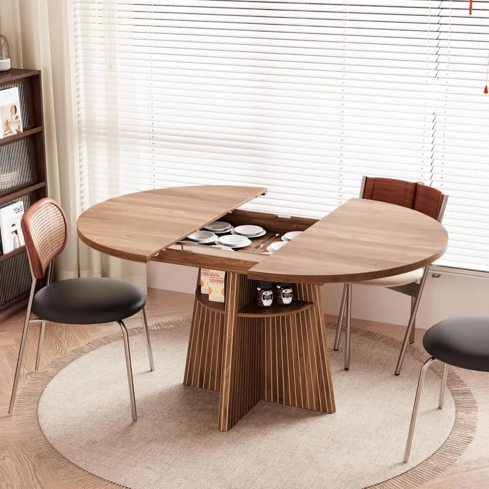 Round Expandable Oval Dining Table With Fluted Base
