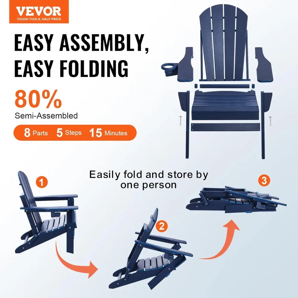 Folding Adirondack Chairs Set of 2 with Cup Holder All Weather Portable Plastic Fire Pit Chair Outdoor Adirondack Patio Chair