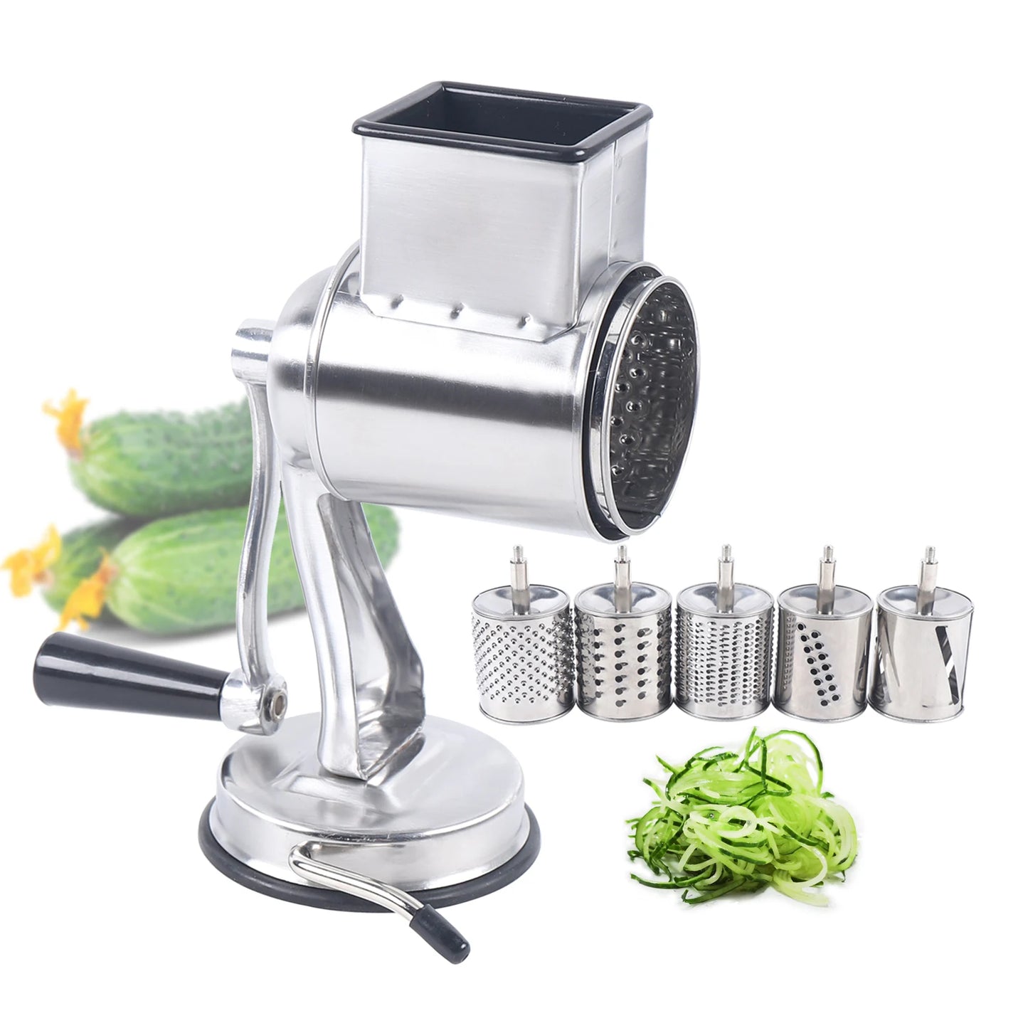 Stainless Steel Rotary Vegetable Cheese Grater Potato Slicer Handheld Grater with 5 Dishwasher Safe Blades