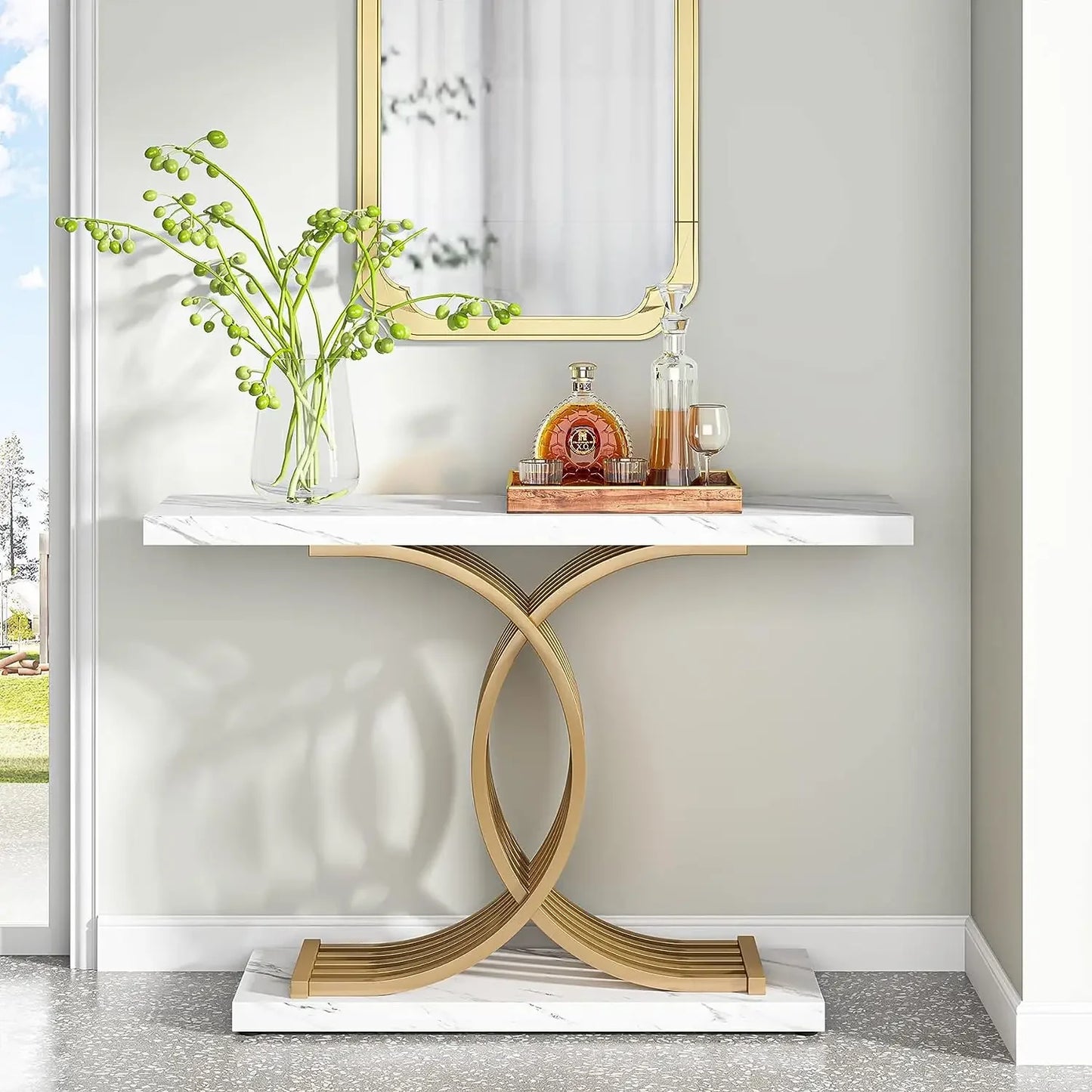 Tribesigns Gold Entryway Table Modern 39 Inch Console Faux Marble Narrow Wood Sofa with Geometric Metal Legs