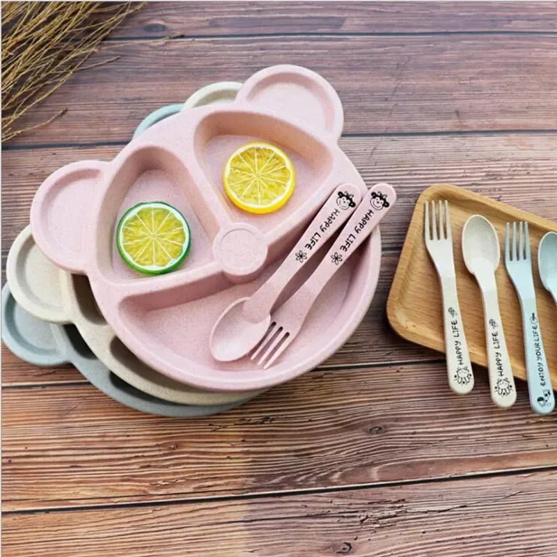 3 Piece Set Wheat Straw Tableware Cartoon Bear Kids Dinnerware Set Baby Plates Forks and Spoons