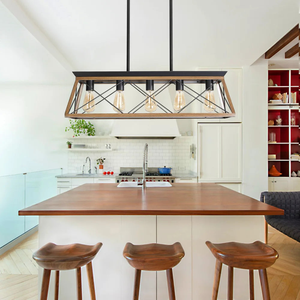 32" Walnut Industrial 5-Light Pendant Chandelier Adjustable Light