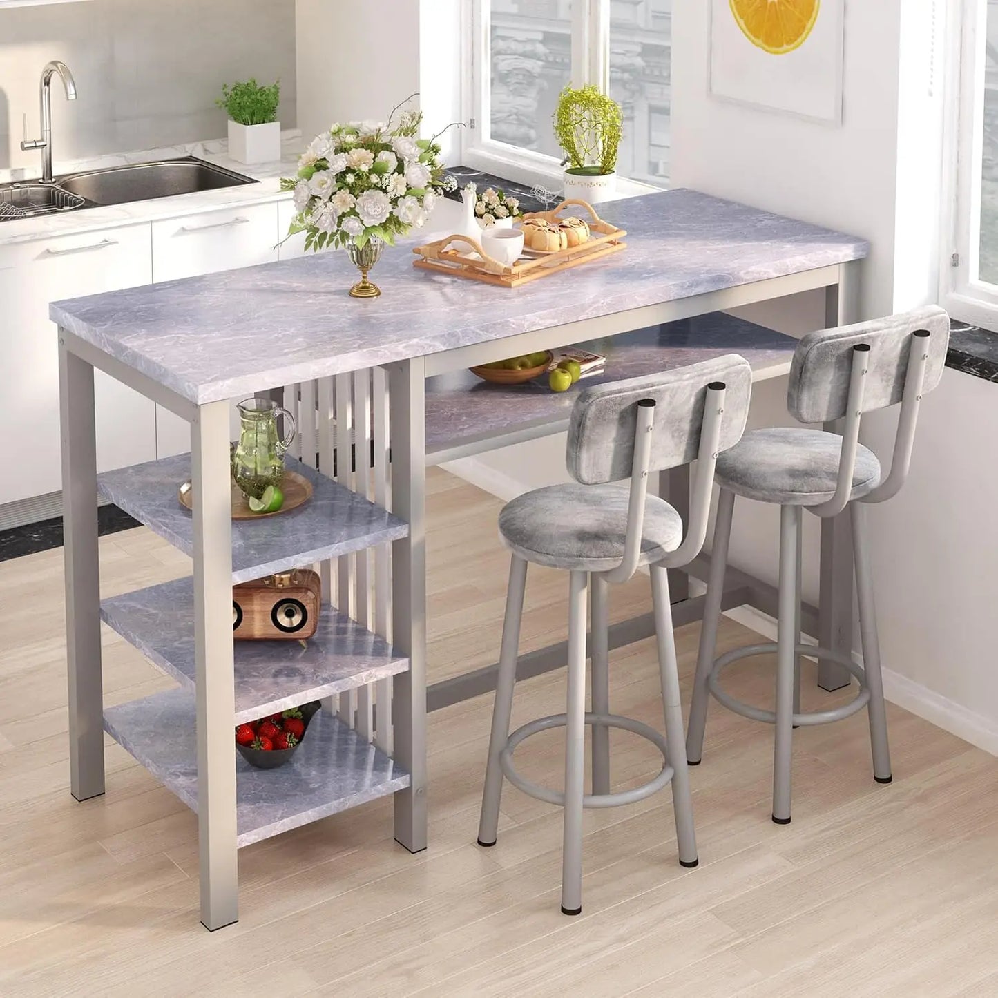 Bar Table Set with Storage Shelves, 47" Modern White Faux Marble Breakfast Table with 2 Velvet Stools, 3-Piece Dining Set for 2