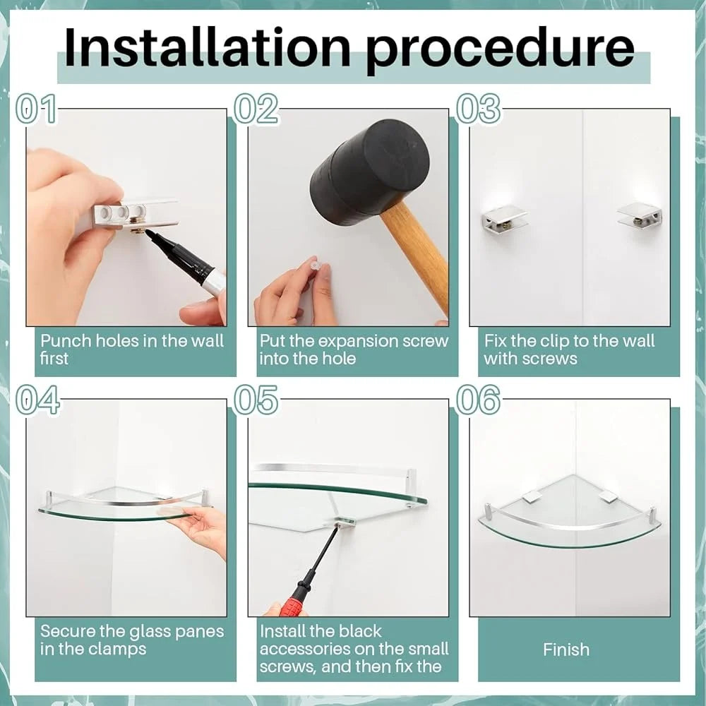 2 Pcs Glass Corner Shower Shelf Tempered Wall Mounted Floating Organizer Bathroom Storage Solution