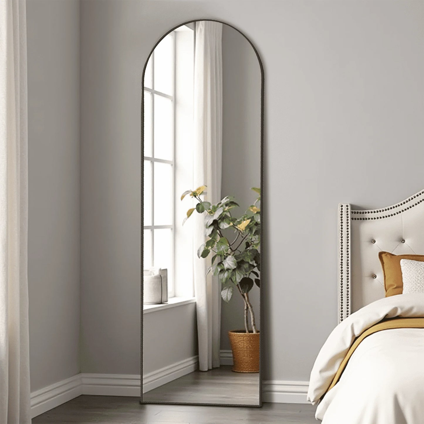 59 Inch Arched Full Length Floor Mirror with Bracket Aluminum Alloy Gold Finish