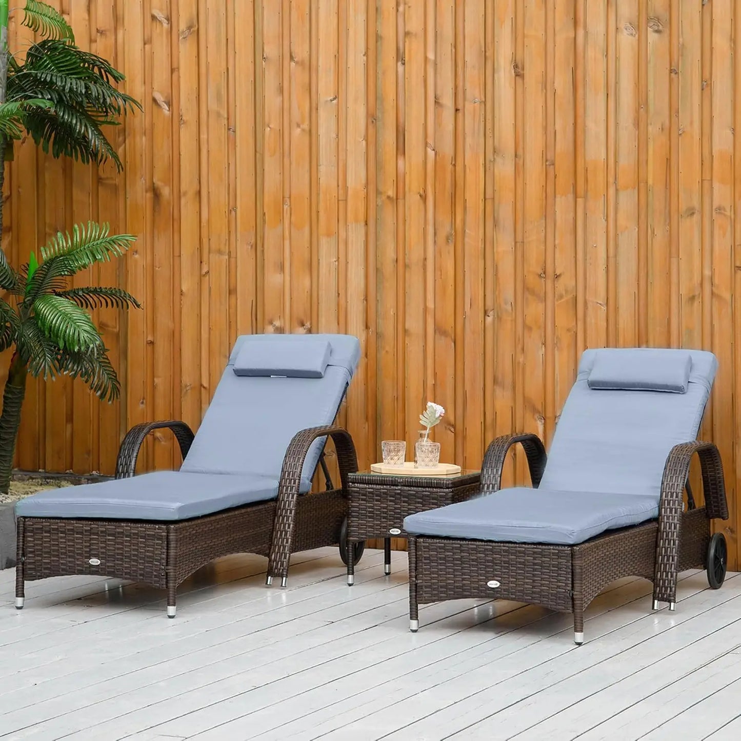 Wicker Outdoor Chaise Lounge Chair Set of 3 with Side Table 5-Level Adjustable Backrest PE Rattan Pool Lounge Chair with Wheels Cushion and Headrest Brown and Gray
