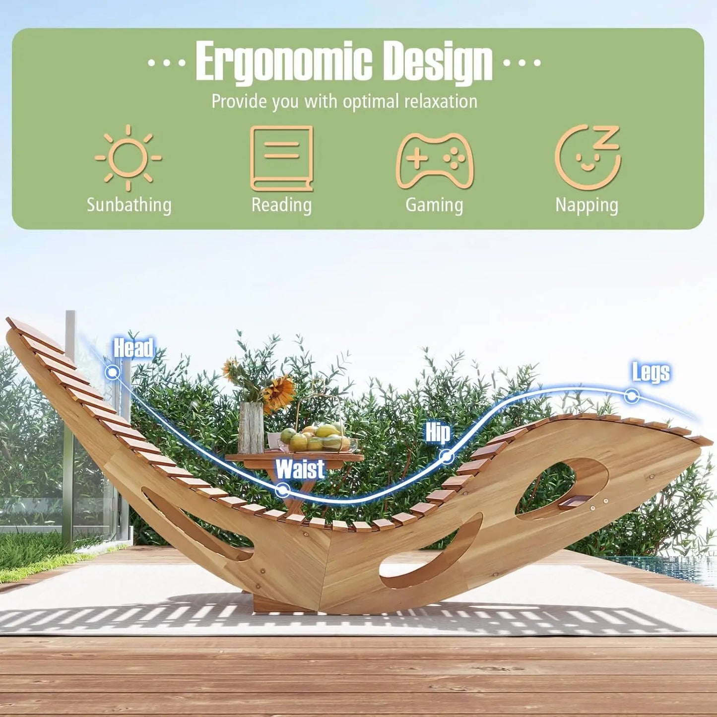 Outdoor Acacia Wood Rocking Chaise Lounge Chair Set of 2 with Slatted Backrest and Seat