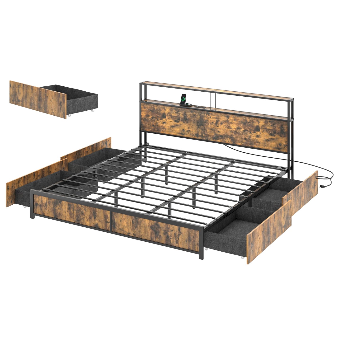 QiaoShiRen LED Bed Frame With Headboard Storage Drawers