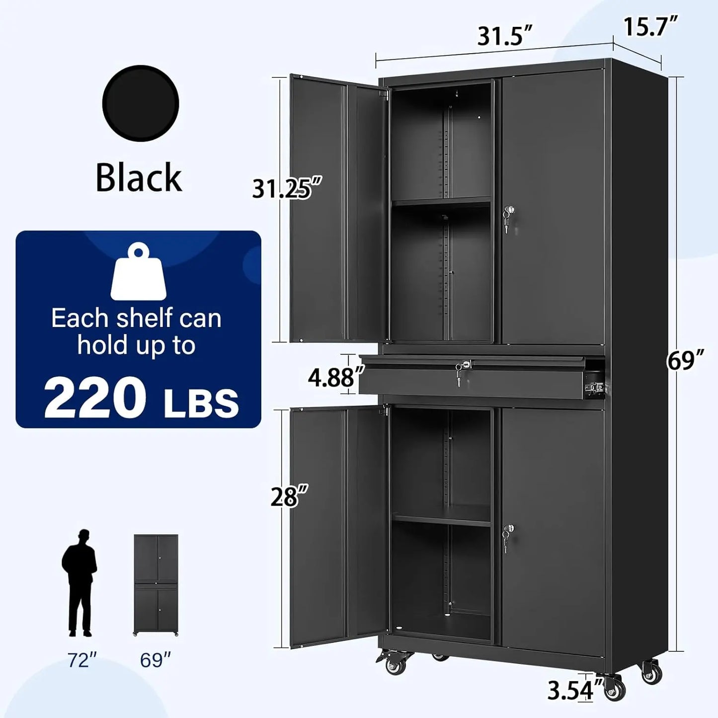 Metal Garage Storage Cabinet with Locking Doors and Adjustable Shelves, Rolling Tool Storage Cabinet with 4 Wheels