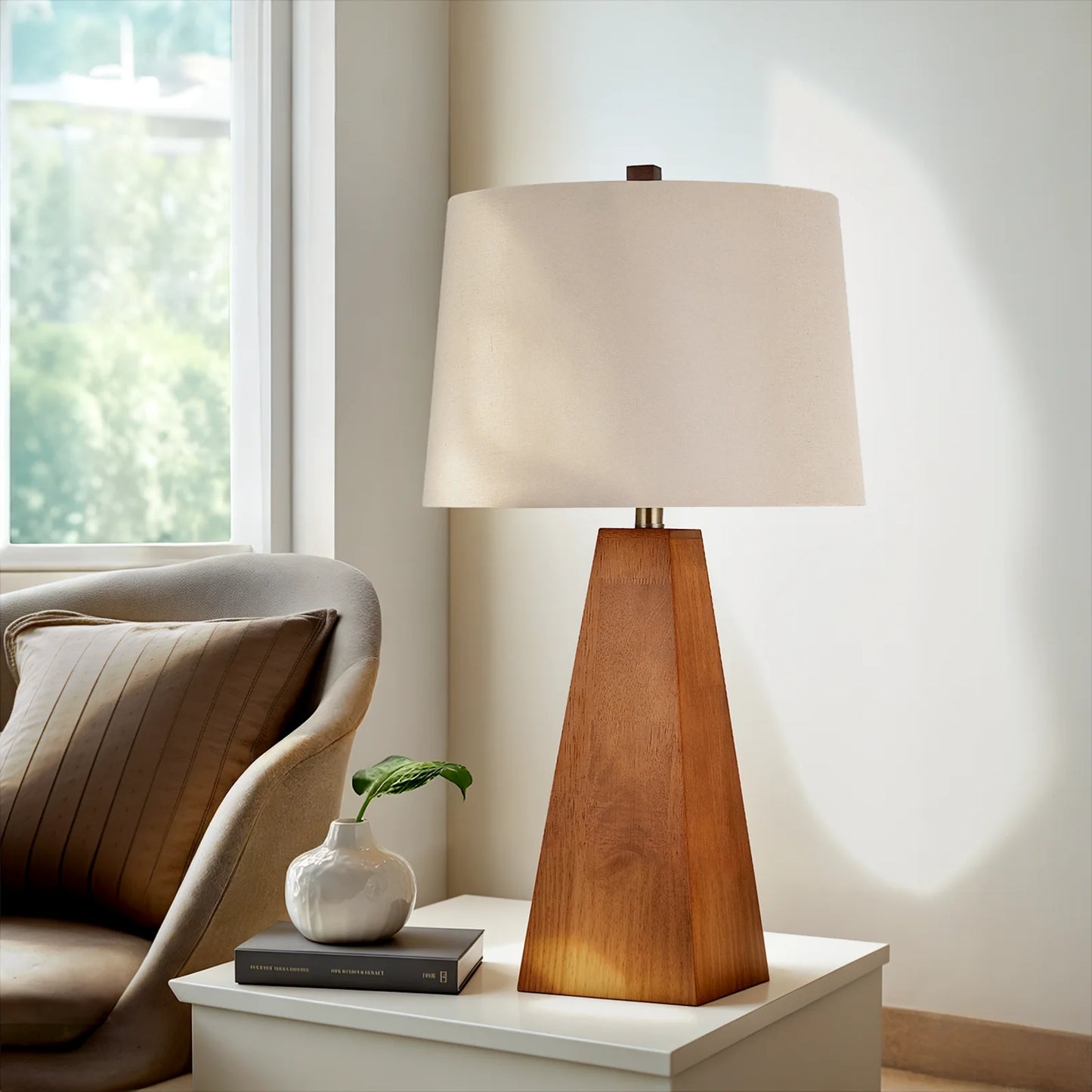 STANBOW Walnut Wood Table Lamp With Linen Shade Modern