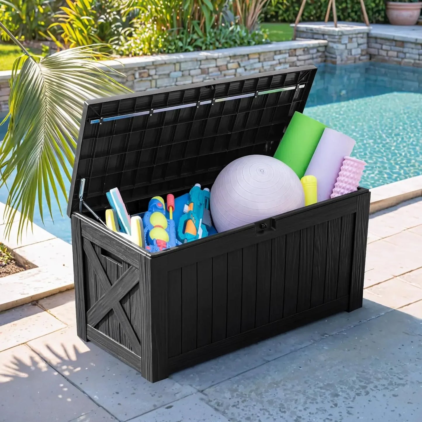 Resin Deck Box 120 Gallon Waterproof Large Storage Solution Imitation Wood Design for Outdoor Indoor Use