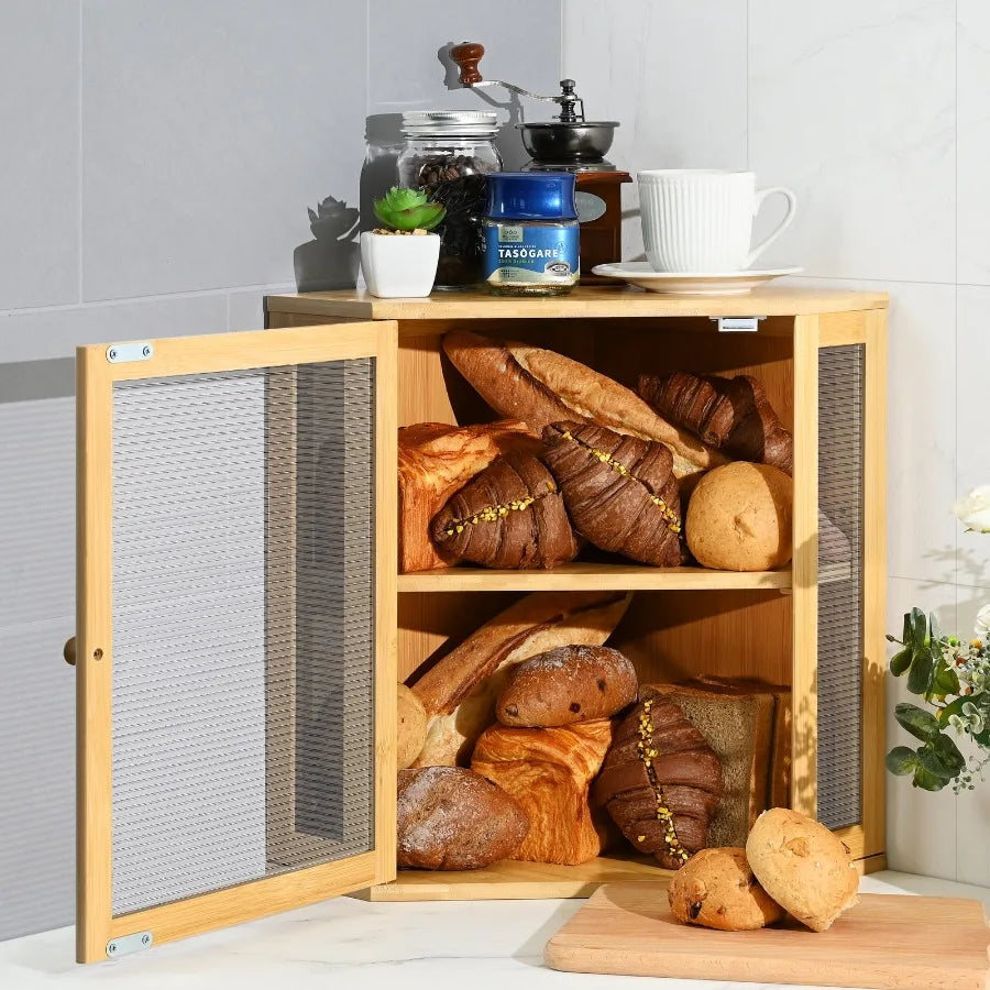 Hign-concerned Bamboo Bread Box 2 Tier Adjustable Height