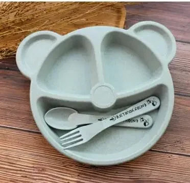 3 Piece Set Wheat Straw Tableware Cartoon Bear Kids Dinnerware Set Baby Plates Forks and Spoons