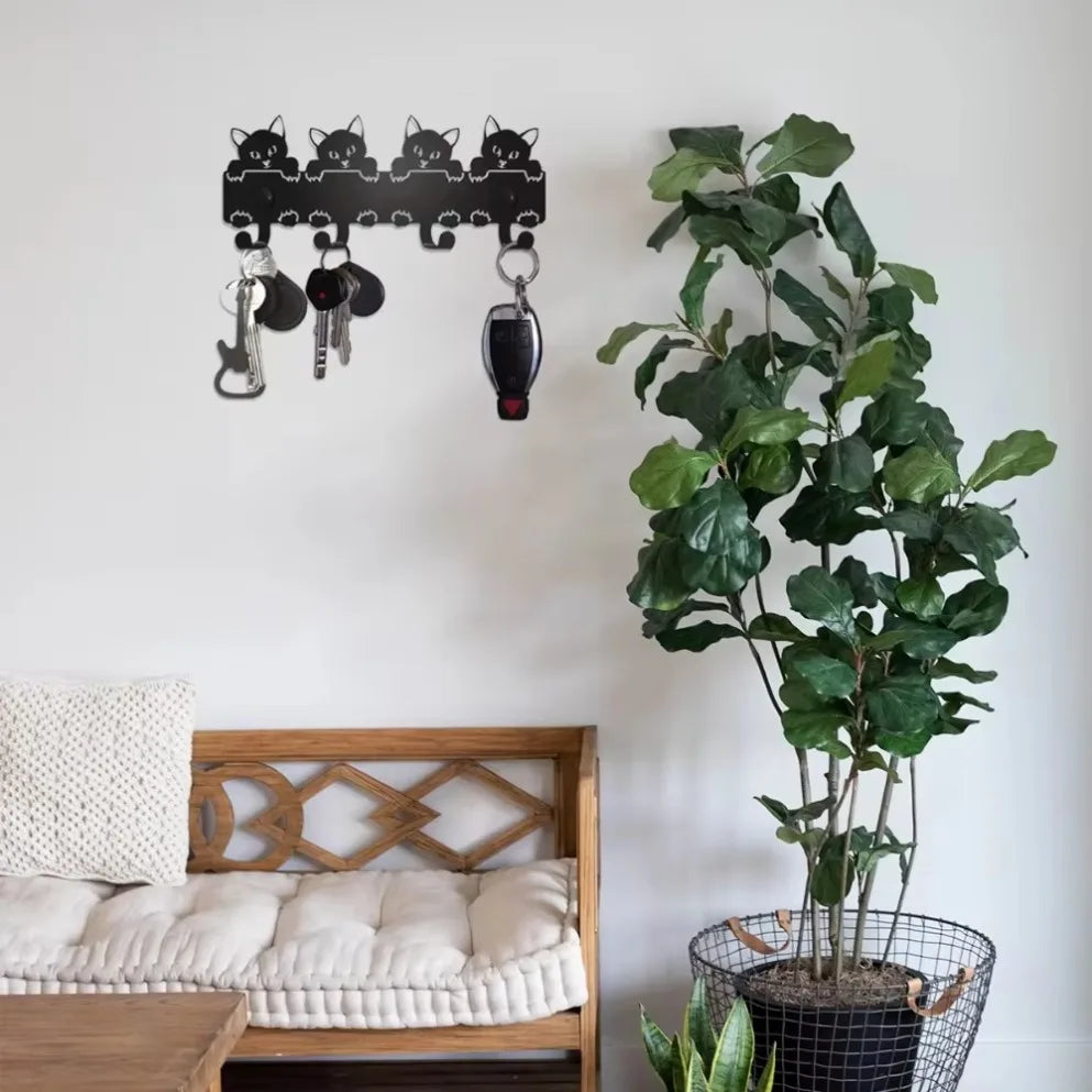 Decorative Black Metal Cats Key Rack Wall Mounted Key Holder Stylish Functional Entryway Storage