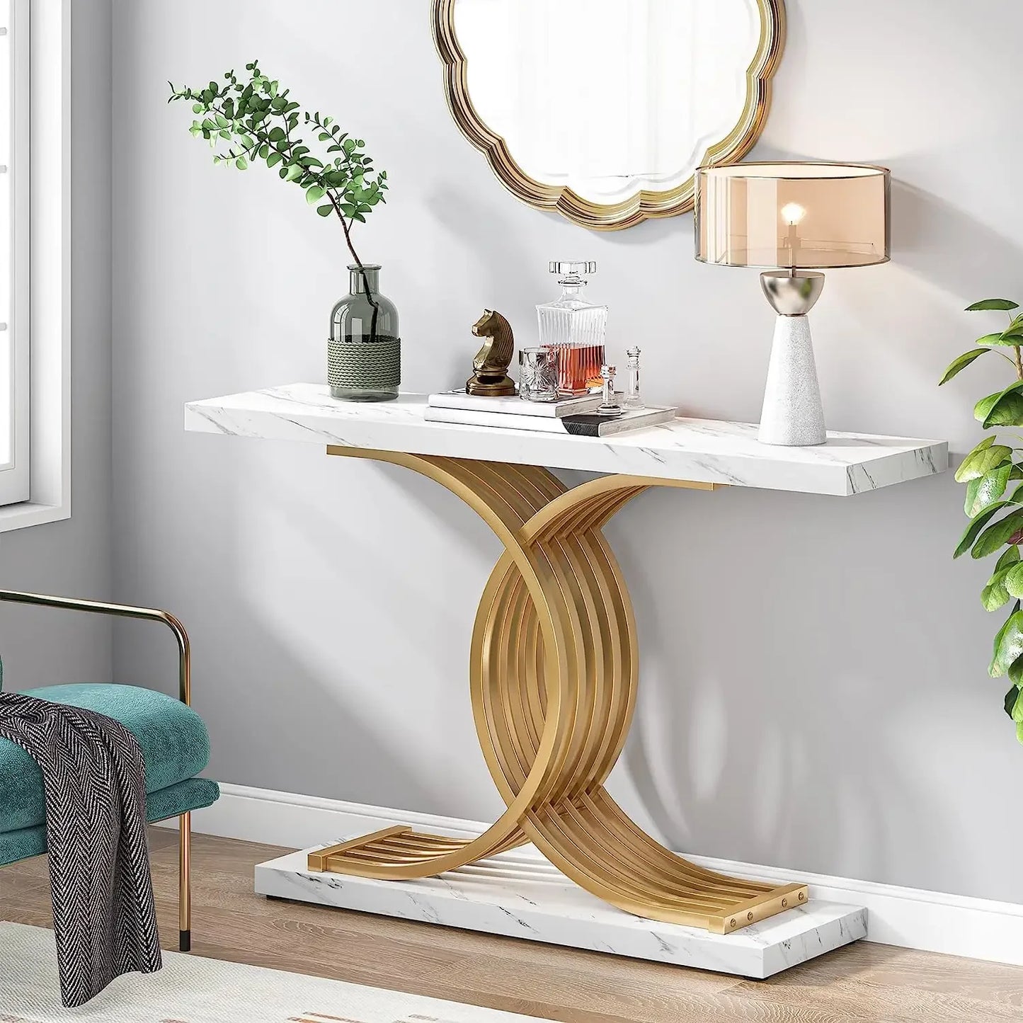 Tribesigns Gold Entryway Table Modern 39 Inch Console Faux Marble Narrow Wood Sofa with Geometric Metal Legs