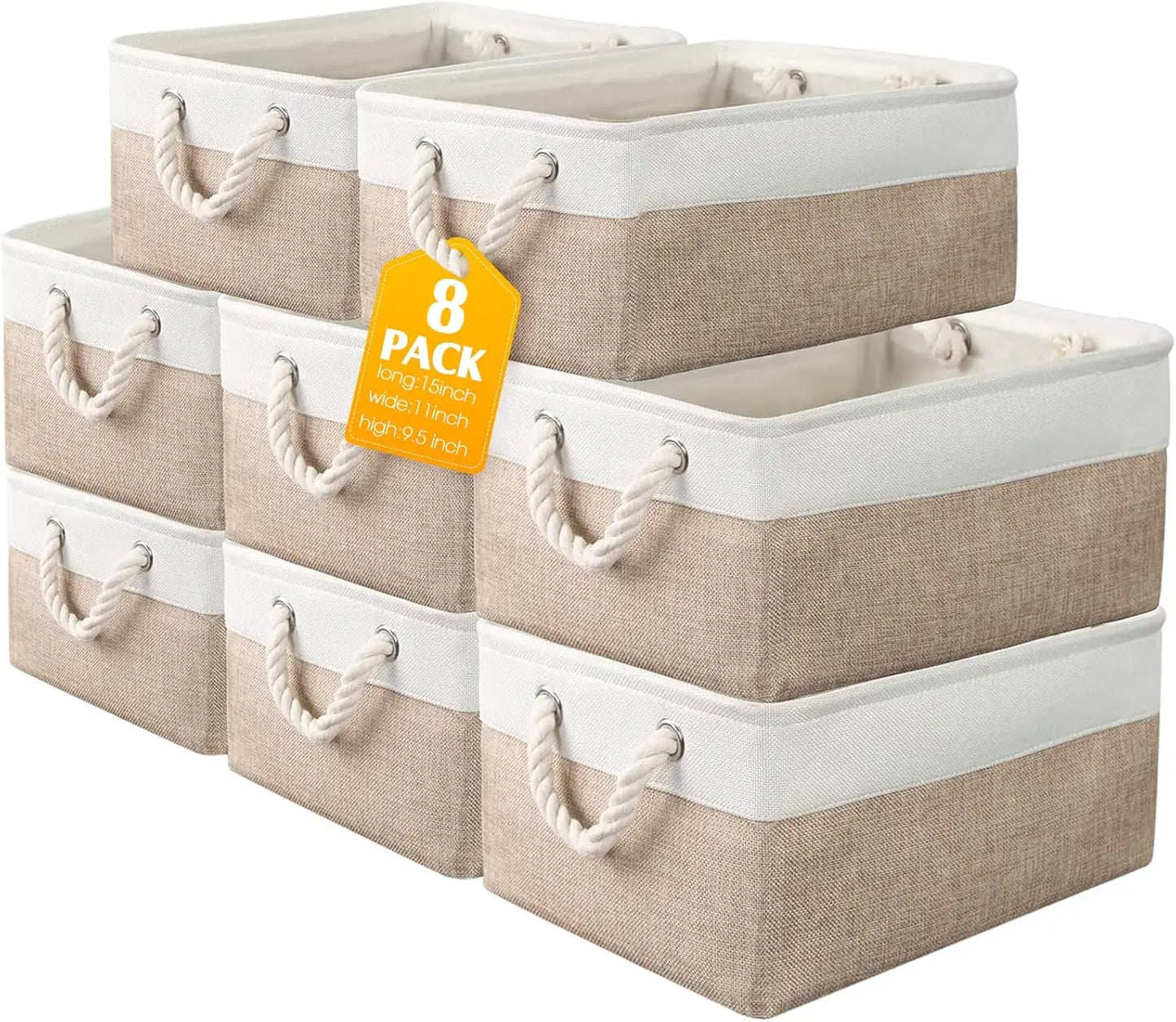 8 Pack Collapsible Fabric Storage Bins Polyester Baskets With Handles Linen Closet Organizer For Home Shelf Beige