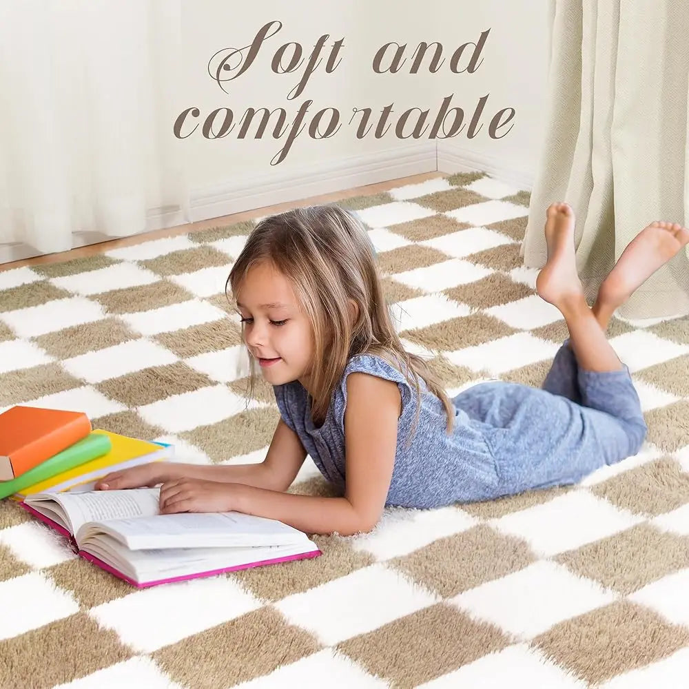 Super Soft 5X7 Ft Beige And White Area Rug Classic Checkered Shaggy Rug Anti Skid High Pile Fluffy For Bedroom