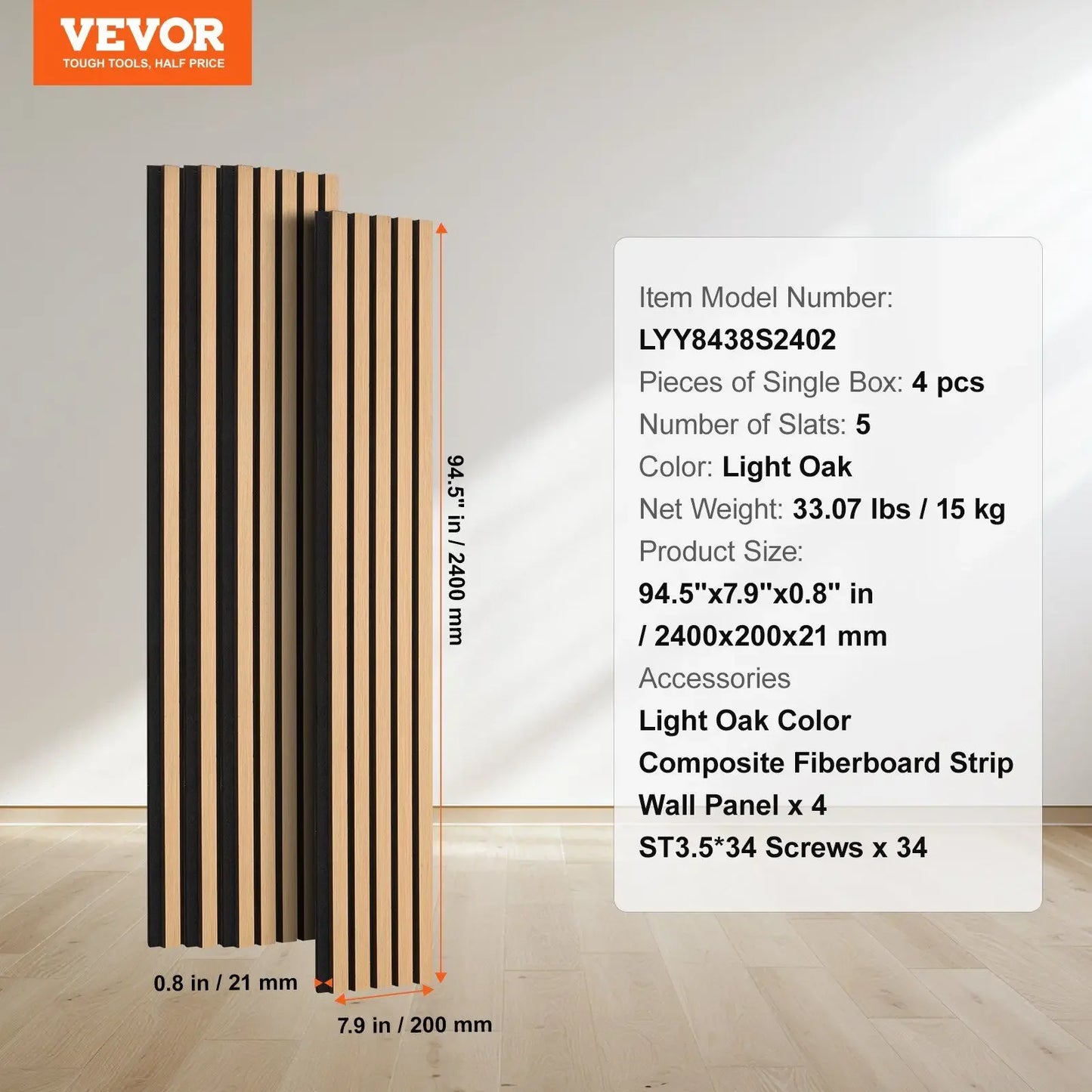 4 Piece Wood Slat Acoustic Panels 7.9 x 94.5 Inch Modern Wall Decor Light Oak