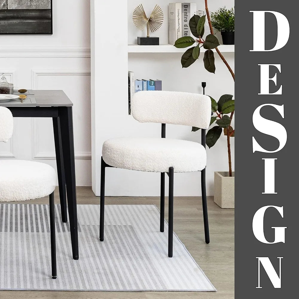 Dining Chairs Set of 6 White Boucle Upholstered Chairs with Curved Backrest and Black Metal Legs