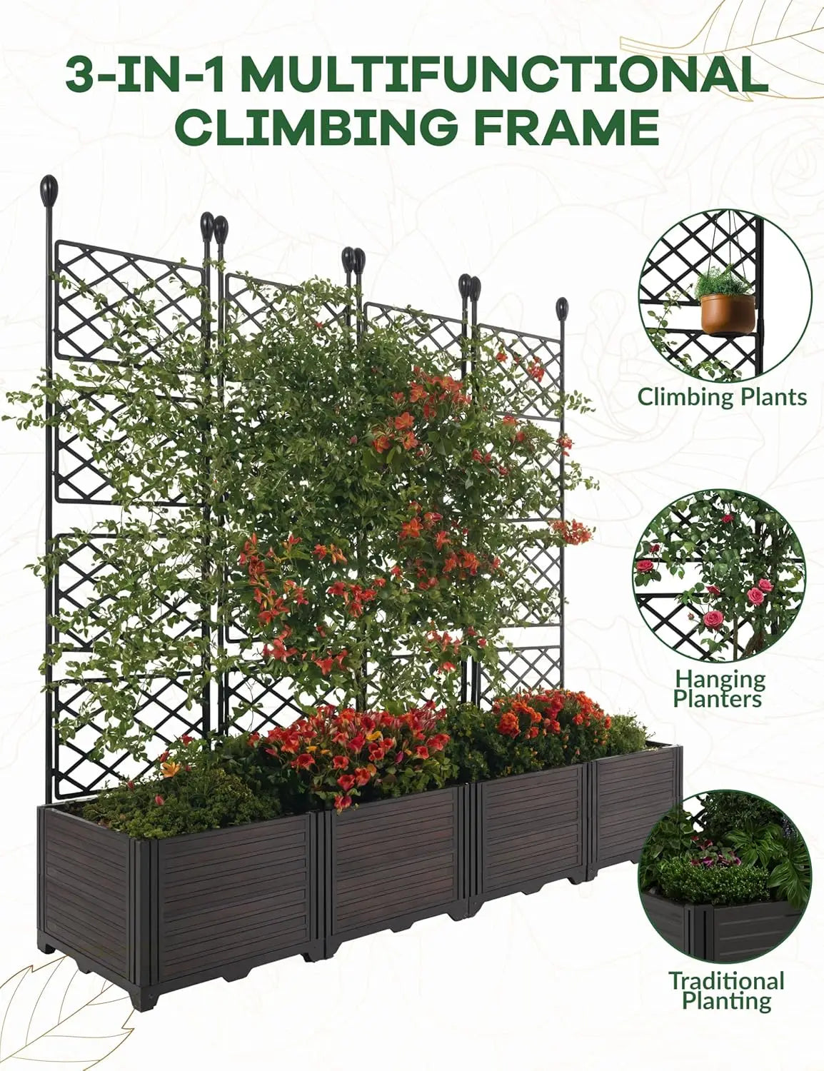 Plastic Plant Box with Metal Trellis Raised Garden Bed for Climbing Plants Outdoor Privacy Screen Planter