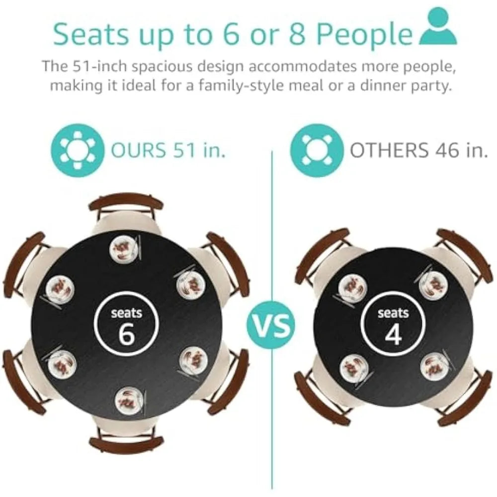 Black Round Dining Table for 6 - Modern Circle 51 Inch Large Room Kitchen Dinning Tables for 4 to 6 Person Seats Small Spaces Wo