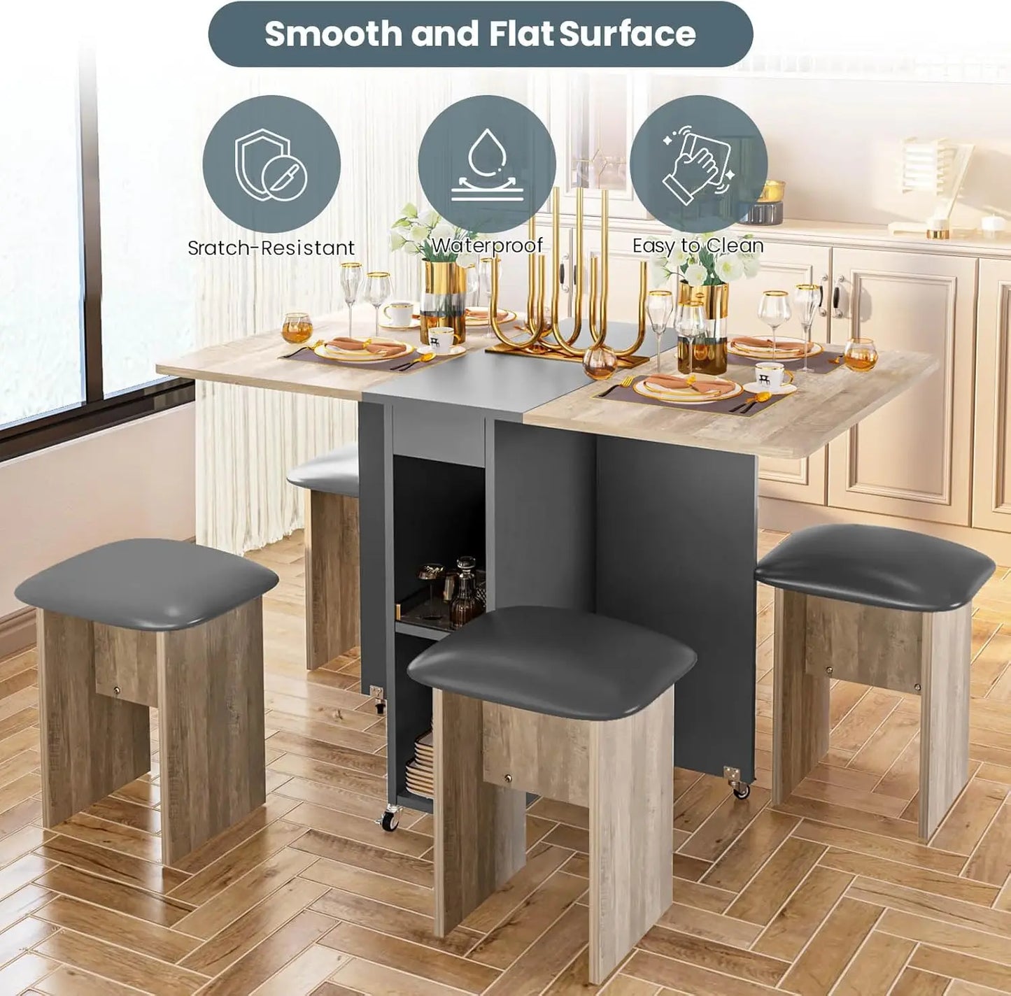 Folding Dining Table Set for 4 with 4 Leather Chairs
