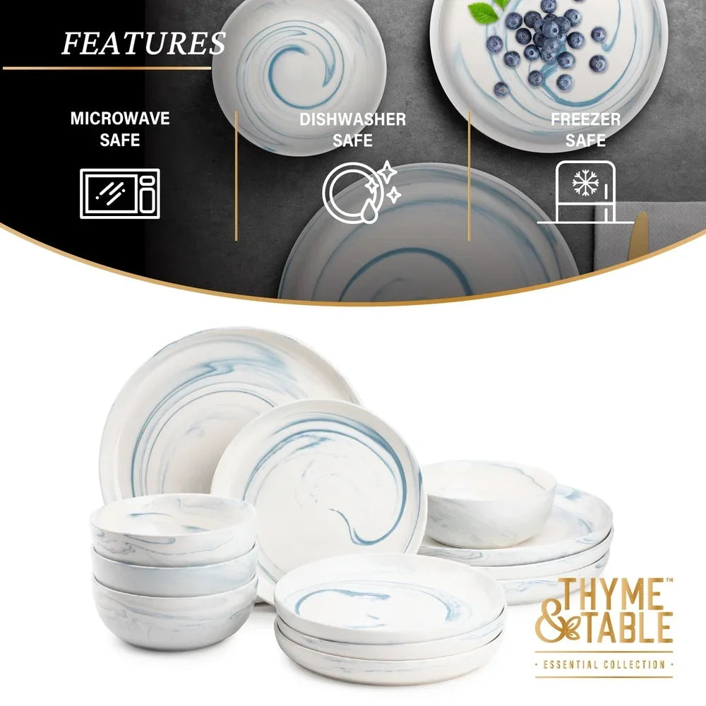 12 Piece Blue Marble Stoneware Dinnerware Set Microwave Safe Dishwasher Safe Kitchen Tableware