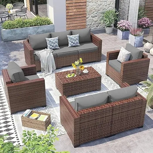 Outdoor Patio Furniture Set 5 Piece Patio Conversation Set with Storage Table Wide Armrest Sectional Sofa Waterproof Cover